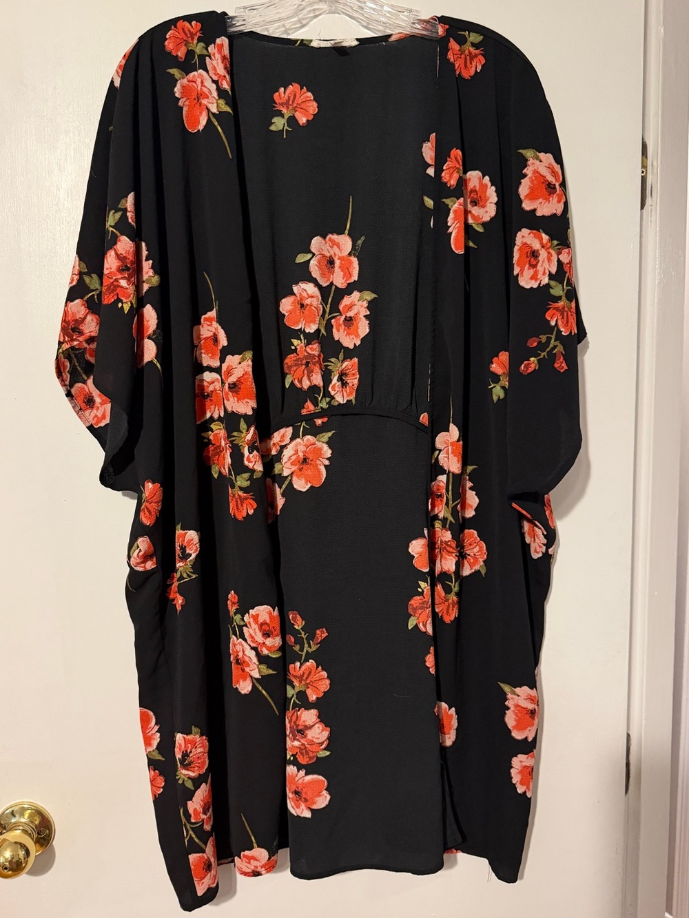 Maurices Black Floral Kimono Cardigan with Red-Orange Flowers